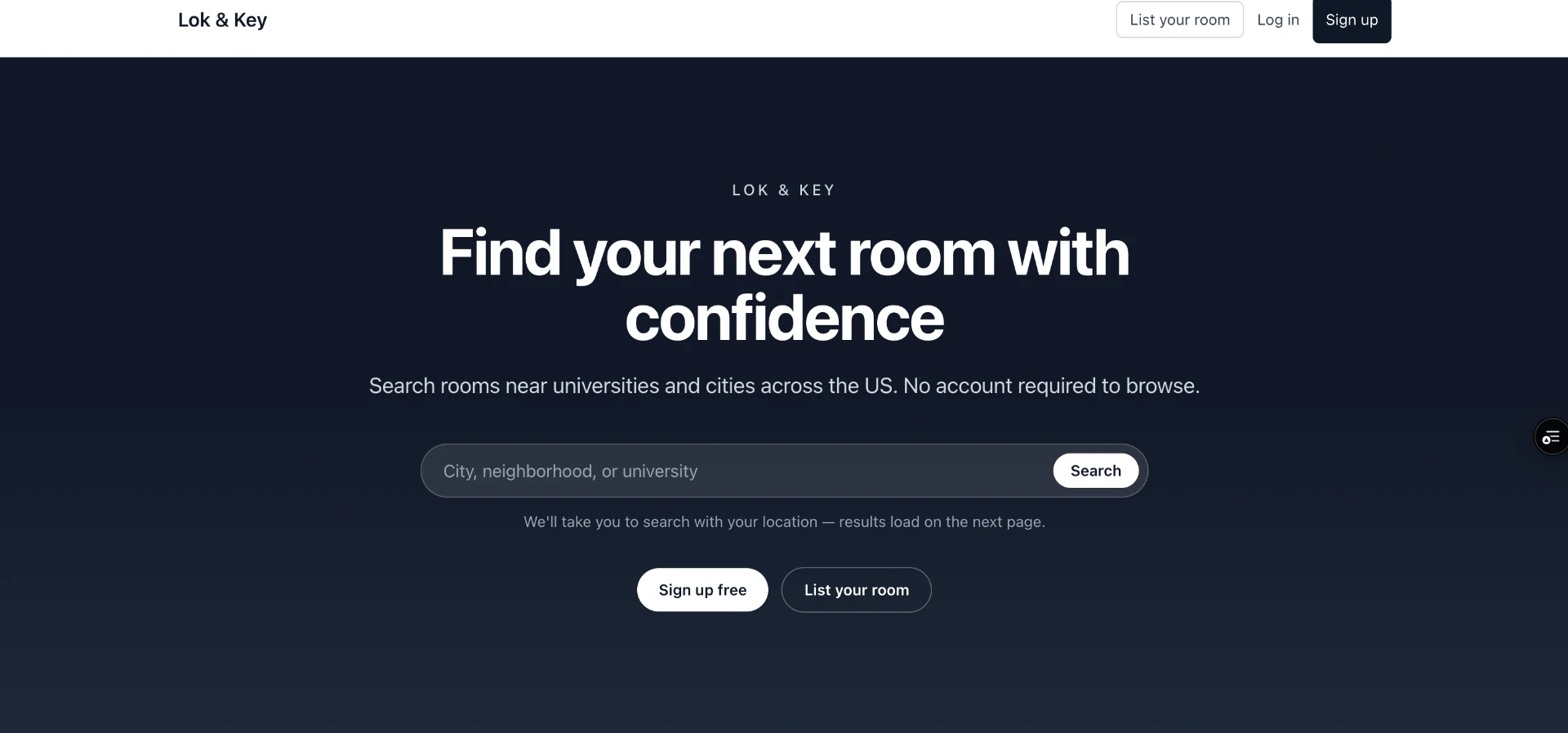 Lok&Key marketplace home screen with room search